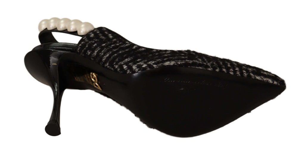 Dolce & Gabbana Lori Chevron Tweed Pearl Slingback Pumps Black Gray