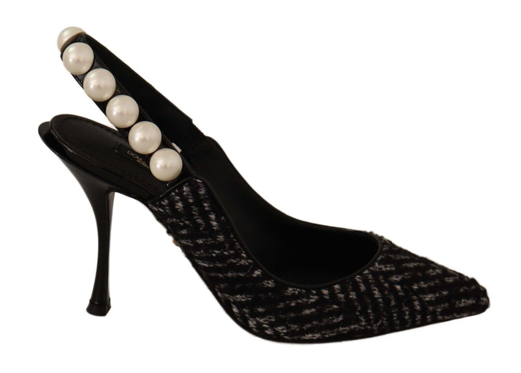 Dolce & Gabbana Lori Chevron Tweed Pearl Slingback Pumps Black Gray