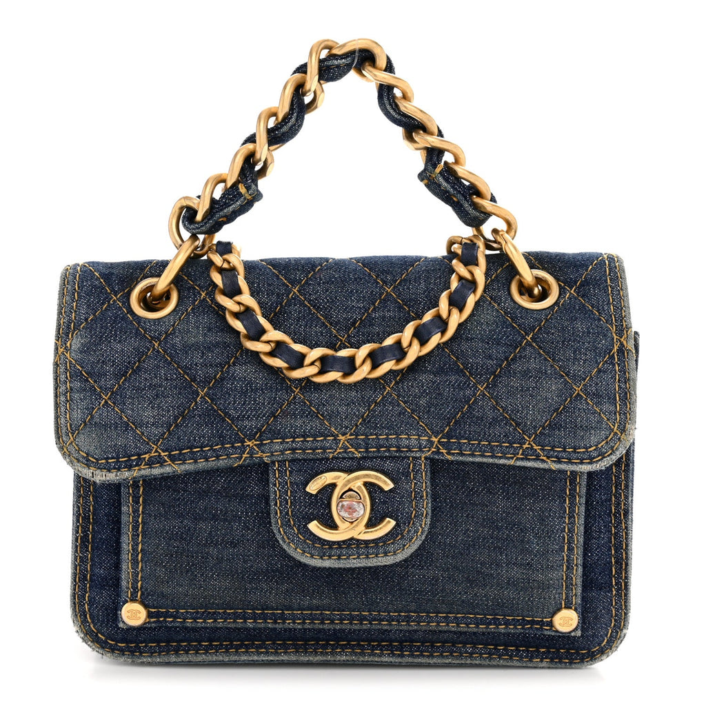 Denim Quilted Double You Mini Flap Blue Golden
