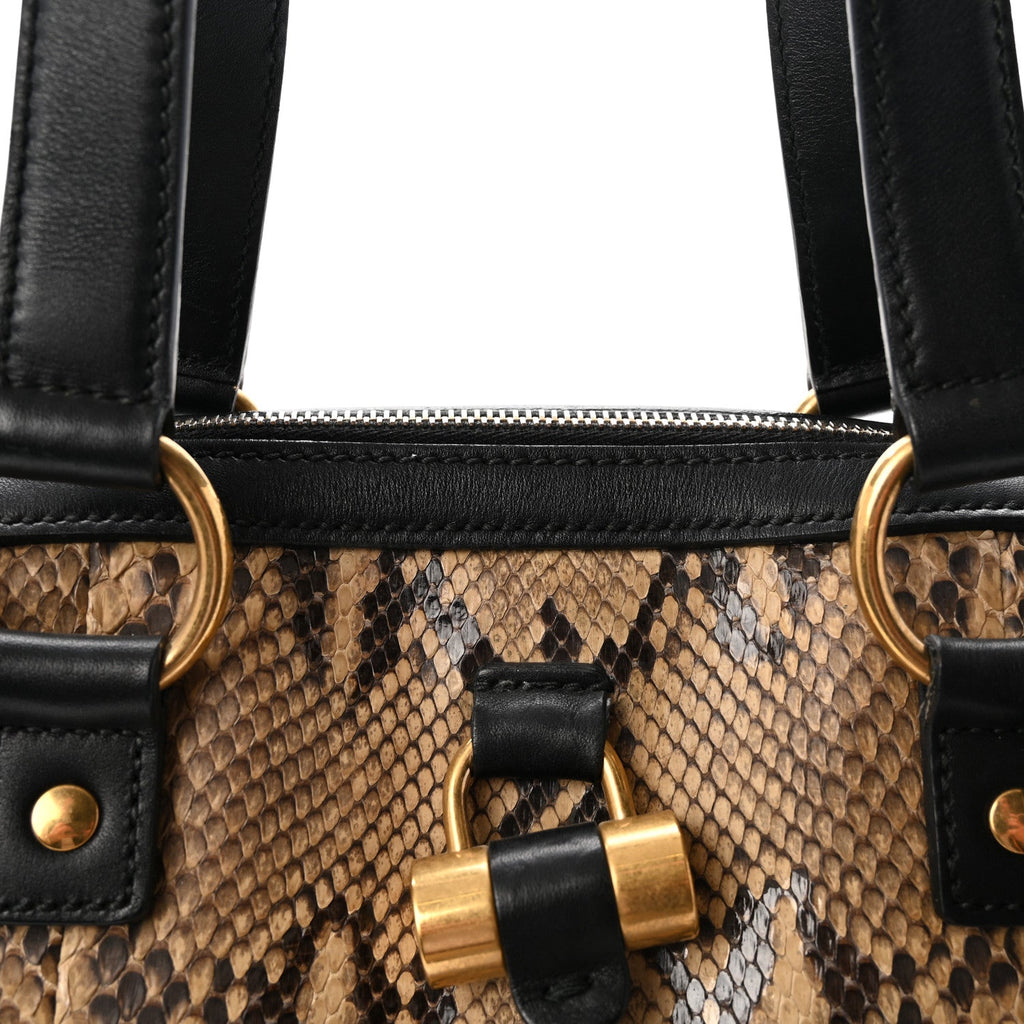 Calfskin Snakeskin Oversized Muse Satchel Black Beige