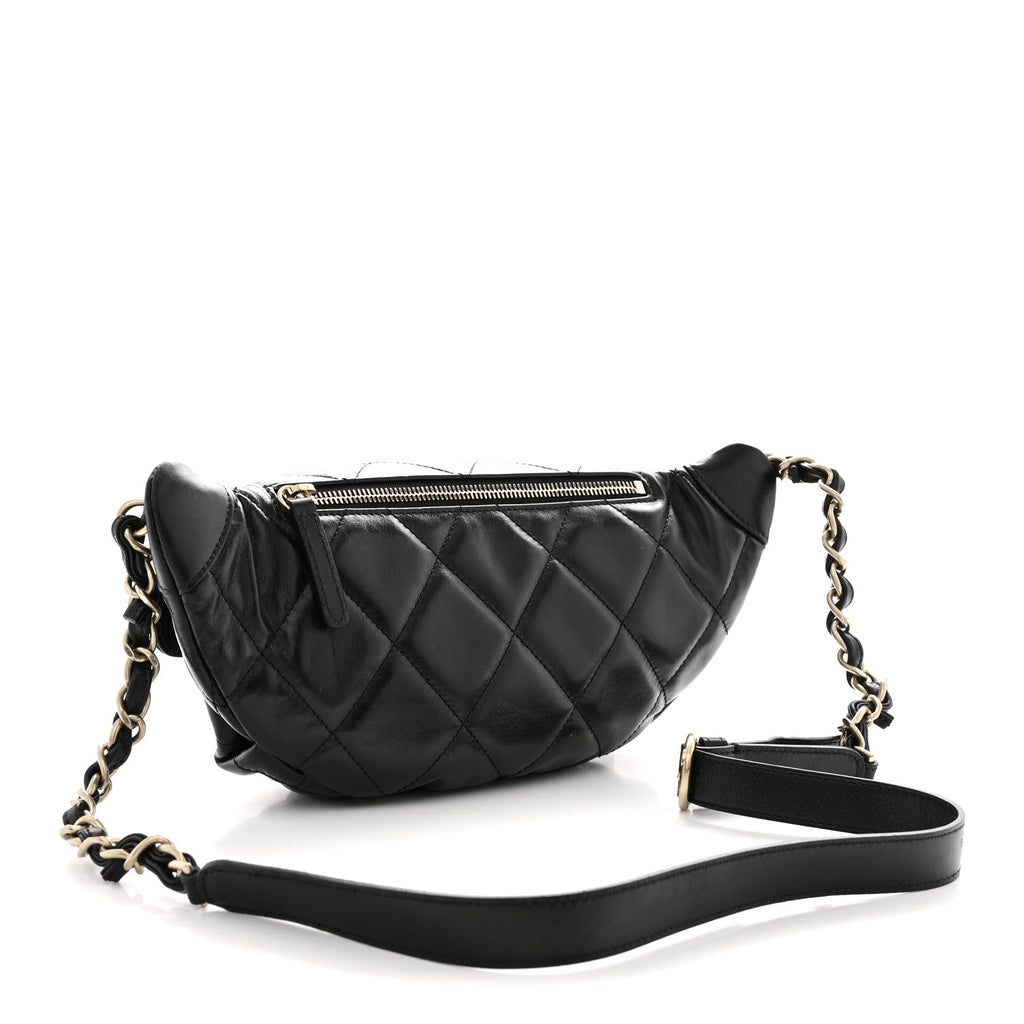 Shiny Aged Calfskin Quilted CC Pockets Jacket Waist Belt Bag Black