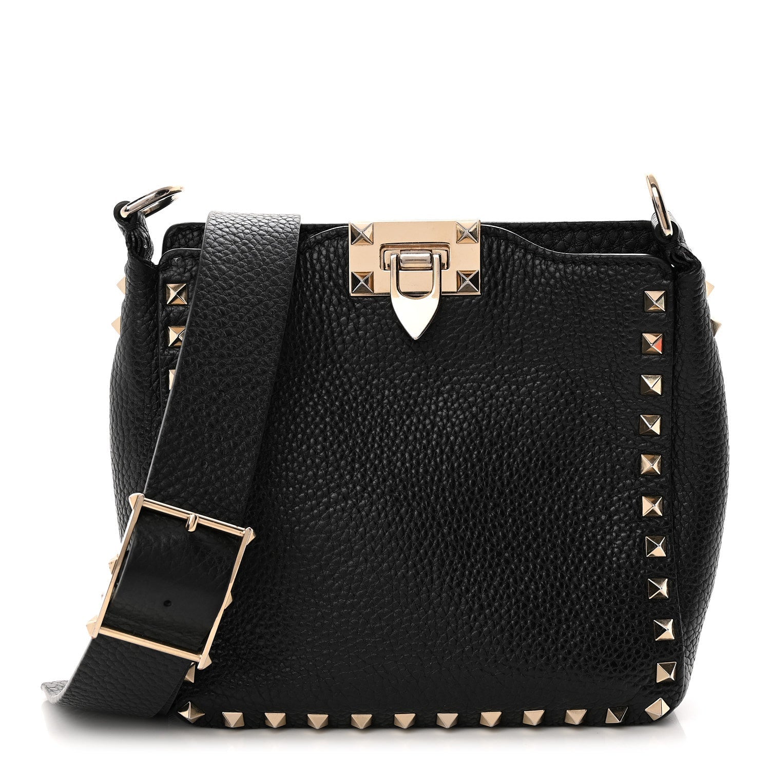 Pebbled Calfskin Mini Rockstud Flip-Lock Messenger Bag Black