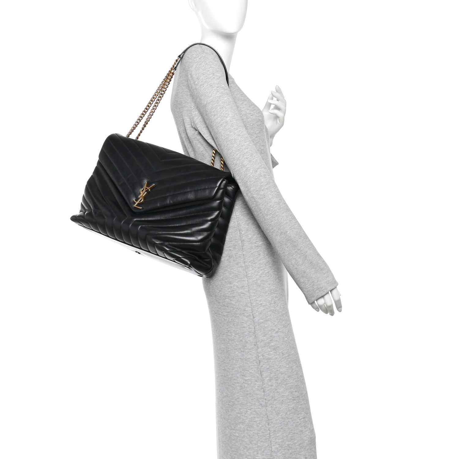 Calfskin Y Quilted Monogram Large Loulou Chain Satchel Black