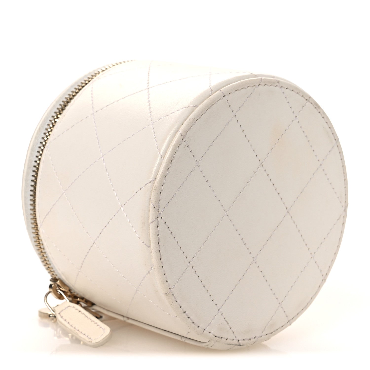 Lambskin Quilted Round Small Vanity Case With Chain White Black