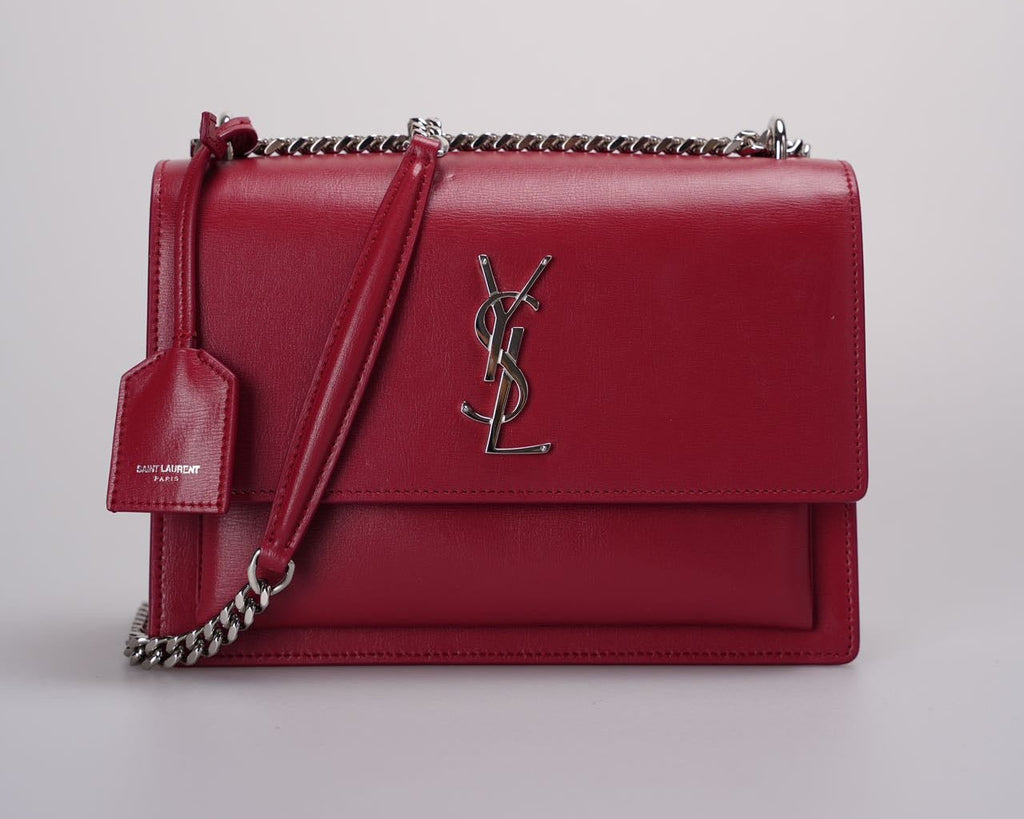 Saint Laurent Calfskin Medium Monogram Sunset shoulder bag in Rouge