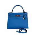 Hermes Kelly 28cm Sellier Bag In Blue Epsom Leather With Silver Hardware