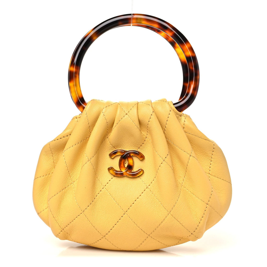 Lambskin Plexiglass Tortoise Shell Quilted Mini Pouch Yellow