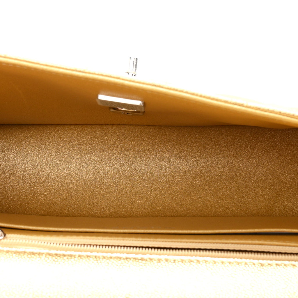 Metallic Caviar Quilted Top Handle East West Flap Gold