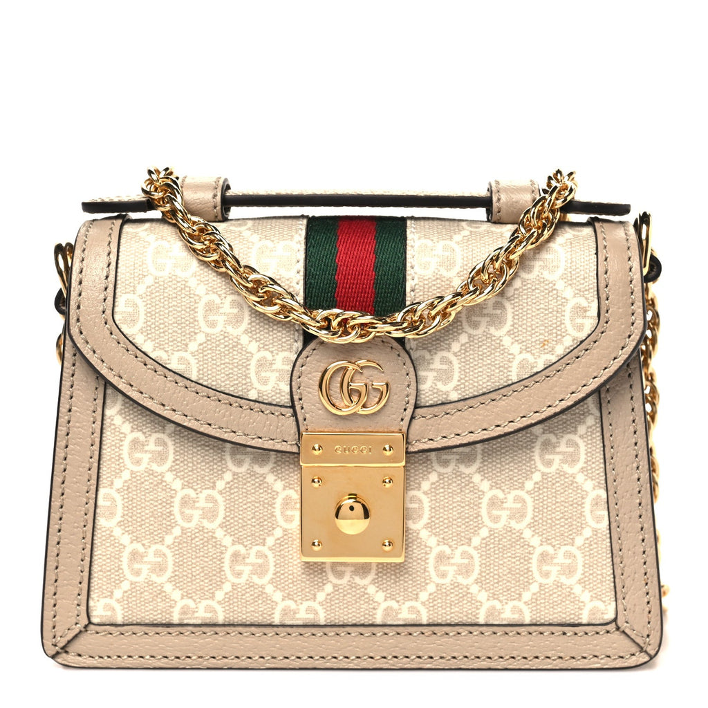 GG Supreme Monogram Textured Dollar Calfskin Web Mini Ophidia Padlock Top Handle Chain Shoulder Bag Beige Mystic White Oatmeal