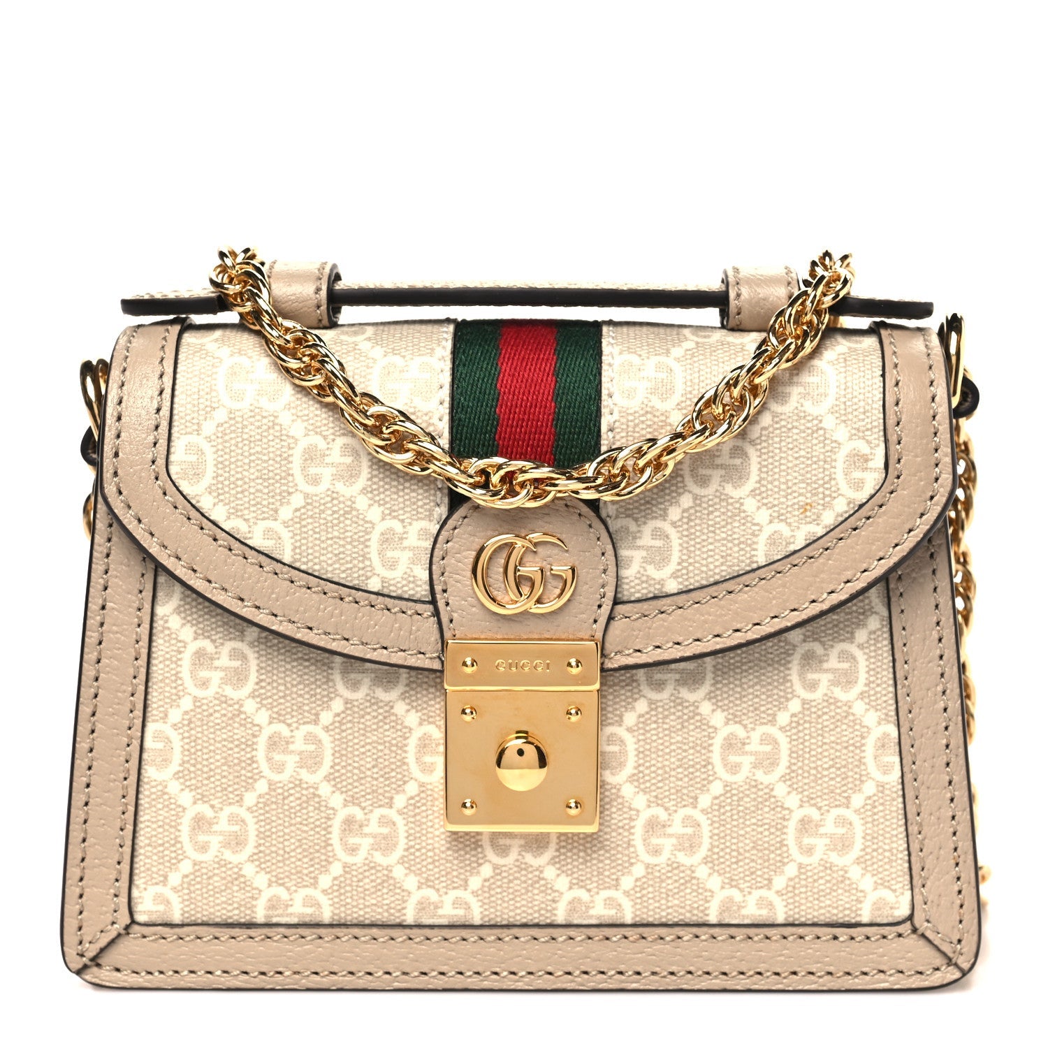 GG Supreme Monogram Textured Dollar Calfskin Web Mini Ophidia Padlock Top Handle Chain Shoulder Bag Beige Mystic White Oatmeal