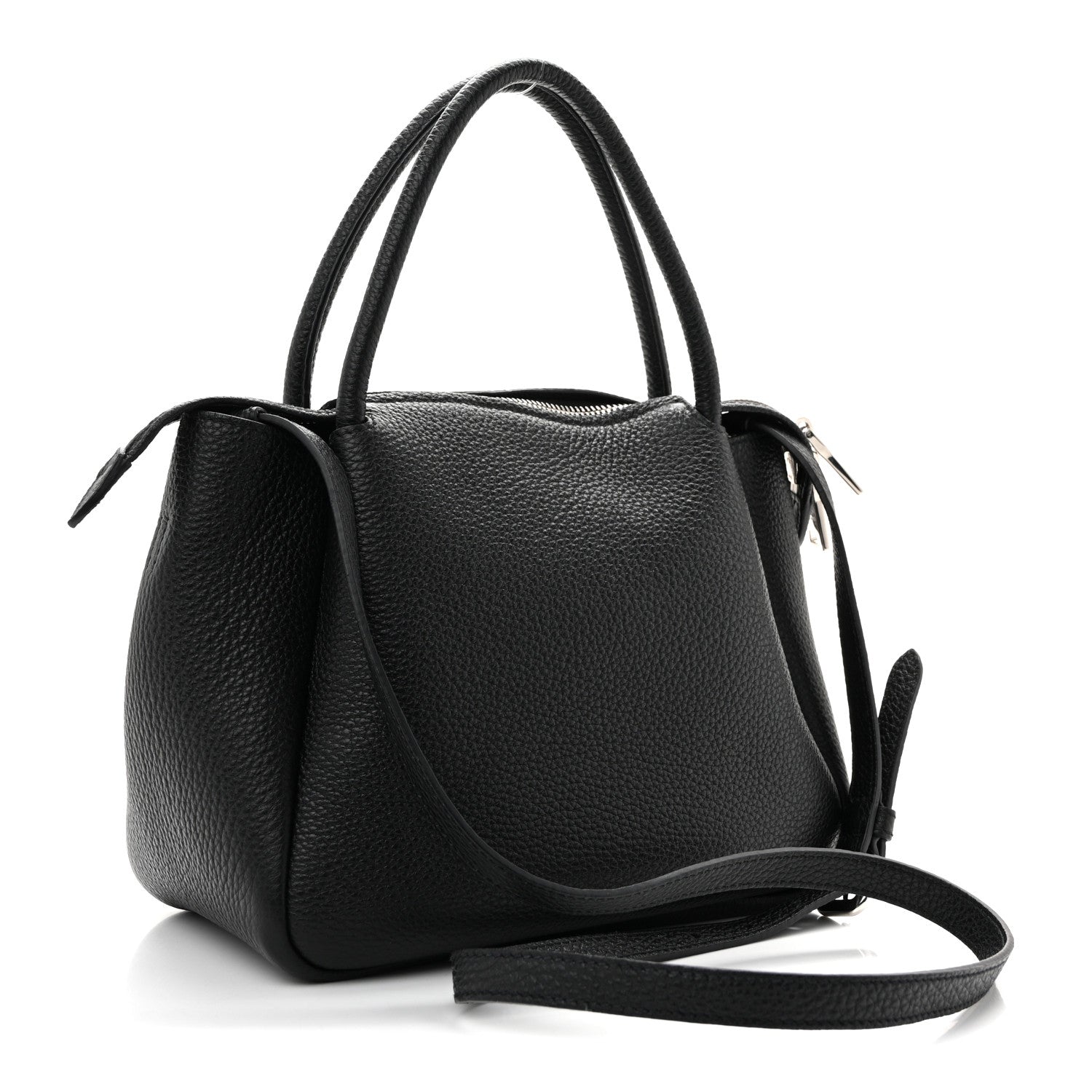 Vitello Daino Soft Mini Zippered Top Handle Bag Black