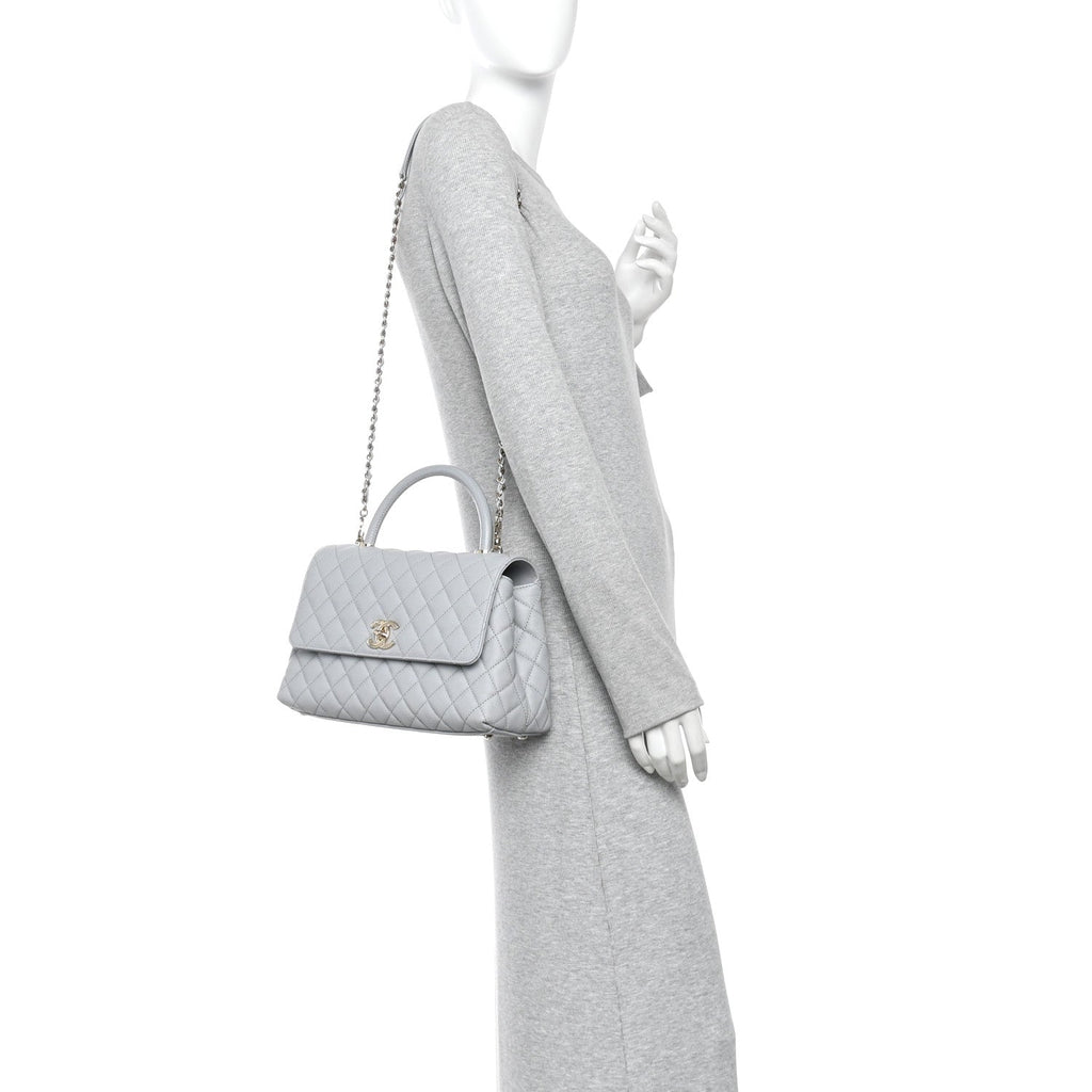 Caviar Lizard Embossed Quilted Small Coco Handle Flap Light Grey