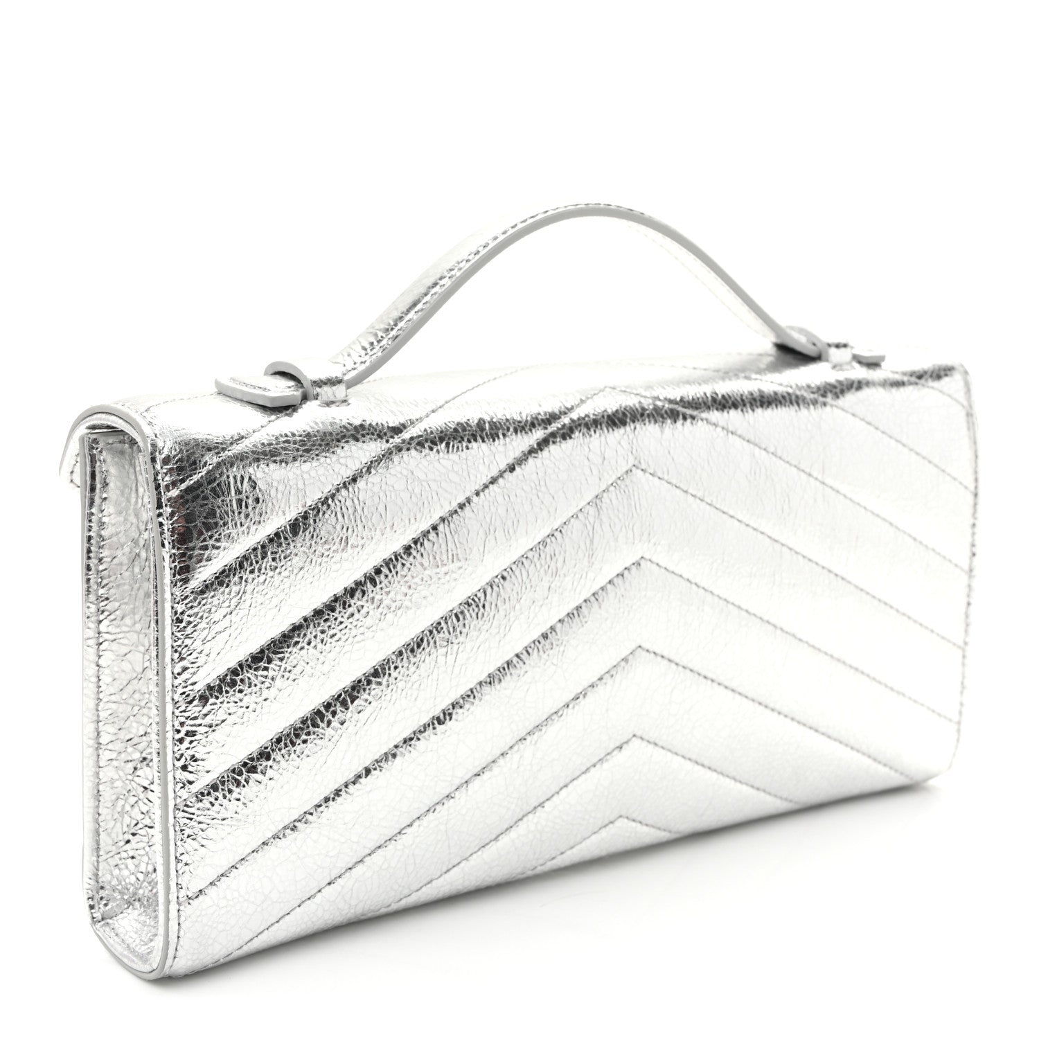Metallic Aged Calfskin Chevron Quilted Top Handle Envelope Clutch Silver