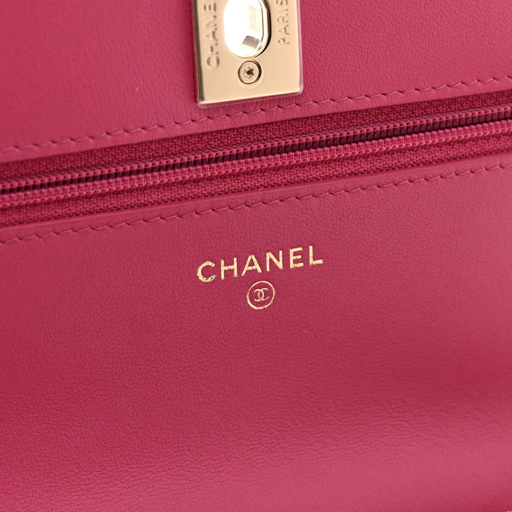 Lambskin Chevron Quilted Trendy CC Wallet On Chain WOC Pink