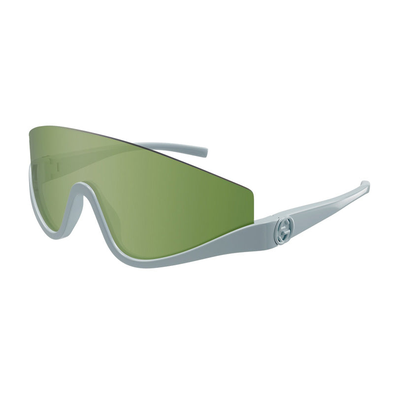 Gucci Shield Semi Rim, with a Grey Silver frame and Green Mirror lens.