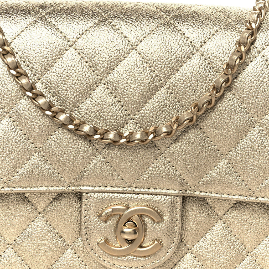 Metallic Caviar Quilted Medium CC Slide Flap Light Gold