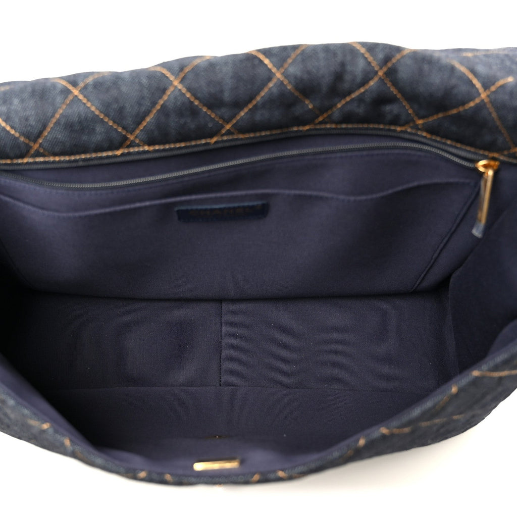 Denim Quilted XXL Travel Flap Bag Dark Blue Orange