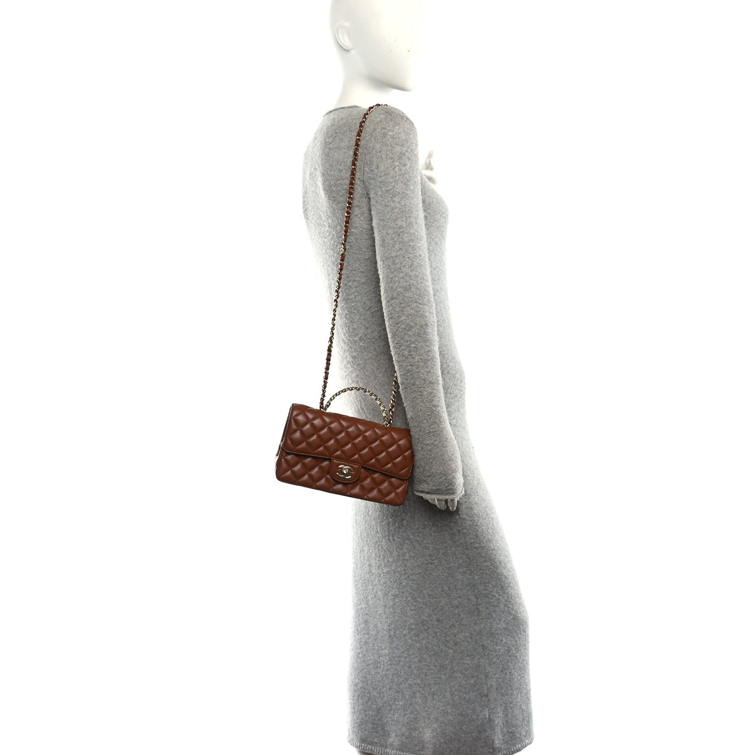 Lambskin Quilted Medium Crystal Top Handle Rectangular Flap Brown
