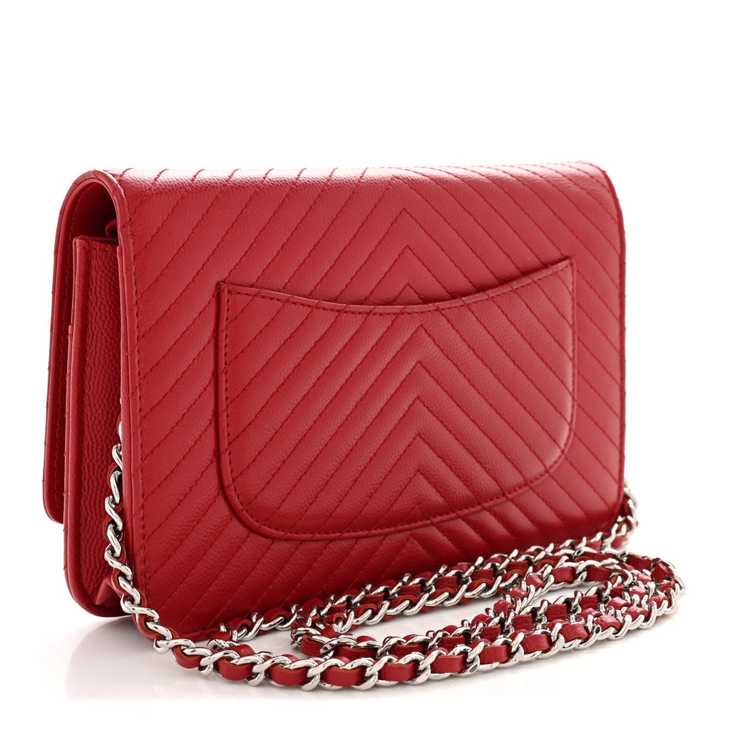 Caviar Chevron Quilted Wallet On Chain WOC Dark Red