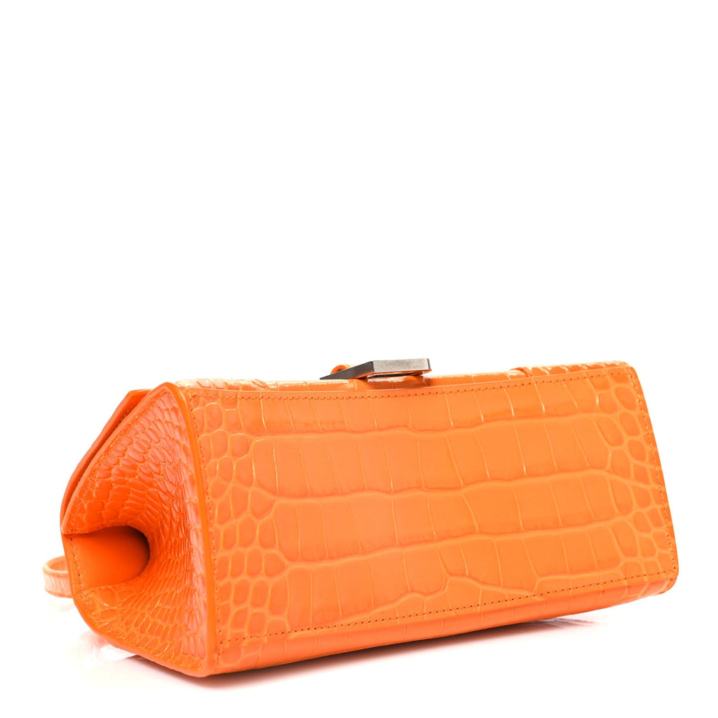 Shiny Calfskin Crocodile Embossed Small Hourglass Top Handle Bag Pop Orange