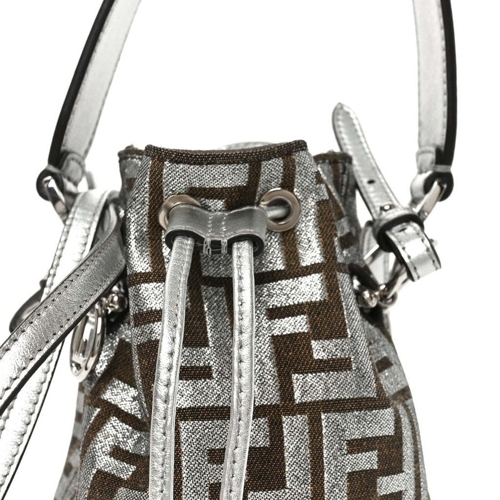 Vitello Catalan Mirror Canvas Fabric Jacquard FF 1974 Mini Mon Tresor Bucket Bag Ebano Argento