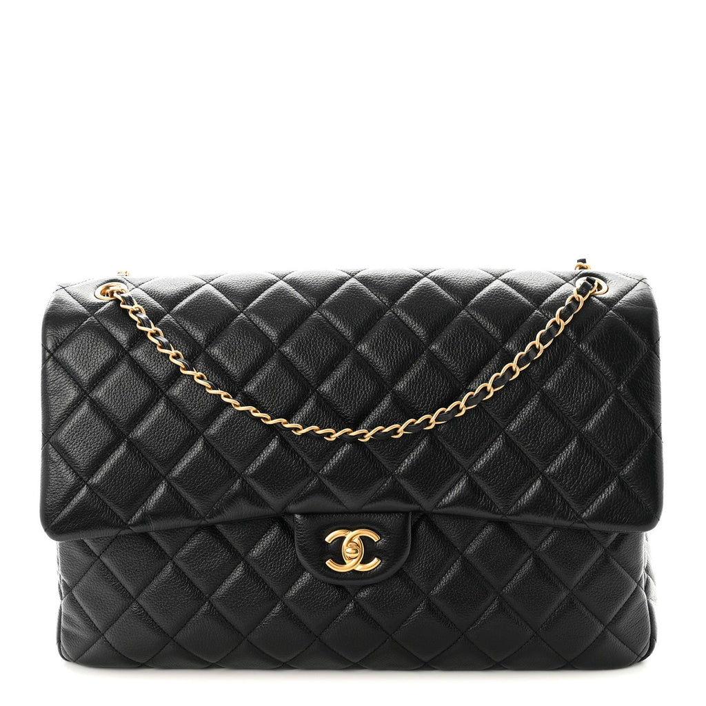 Calfskin Quilted XXL Travel Flap Bag Black