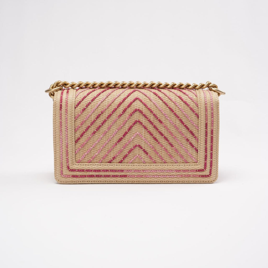 Chanel Medium Boy Flap Chevron Raffia & Leather Pink 2018