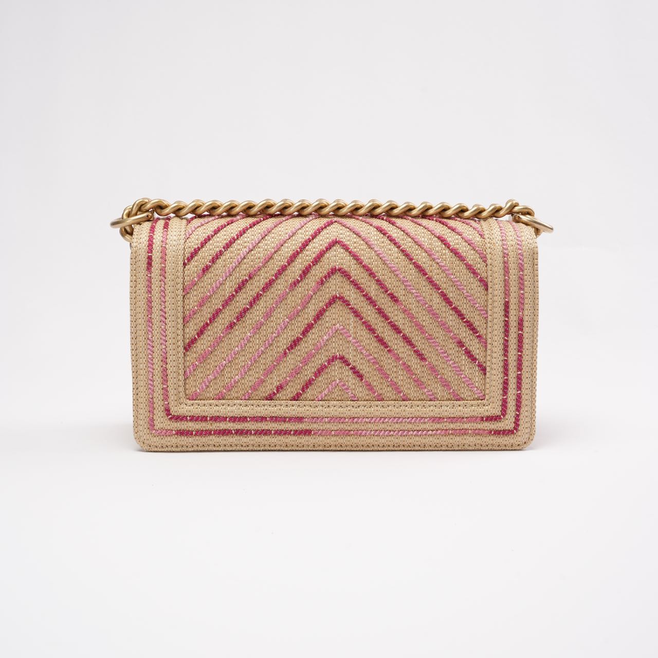 Chanel Medium Boy Flap Chevron Raffia & Leather Pink 2018