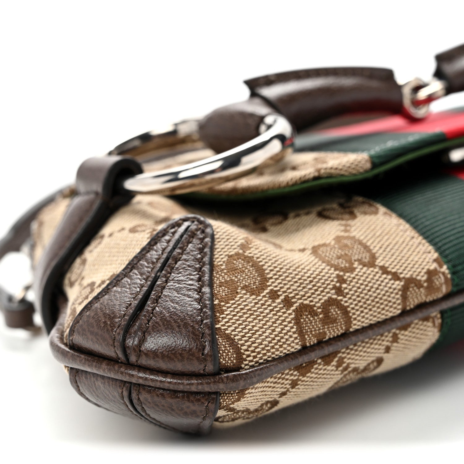 Monogram Textured Dollar Calfskin Heavy Grosgrain Web Small Maxi Horsebit Chain Shoulder Bag Beige Ebony New Acero