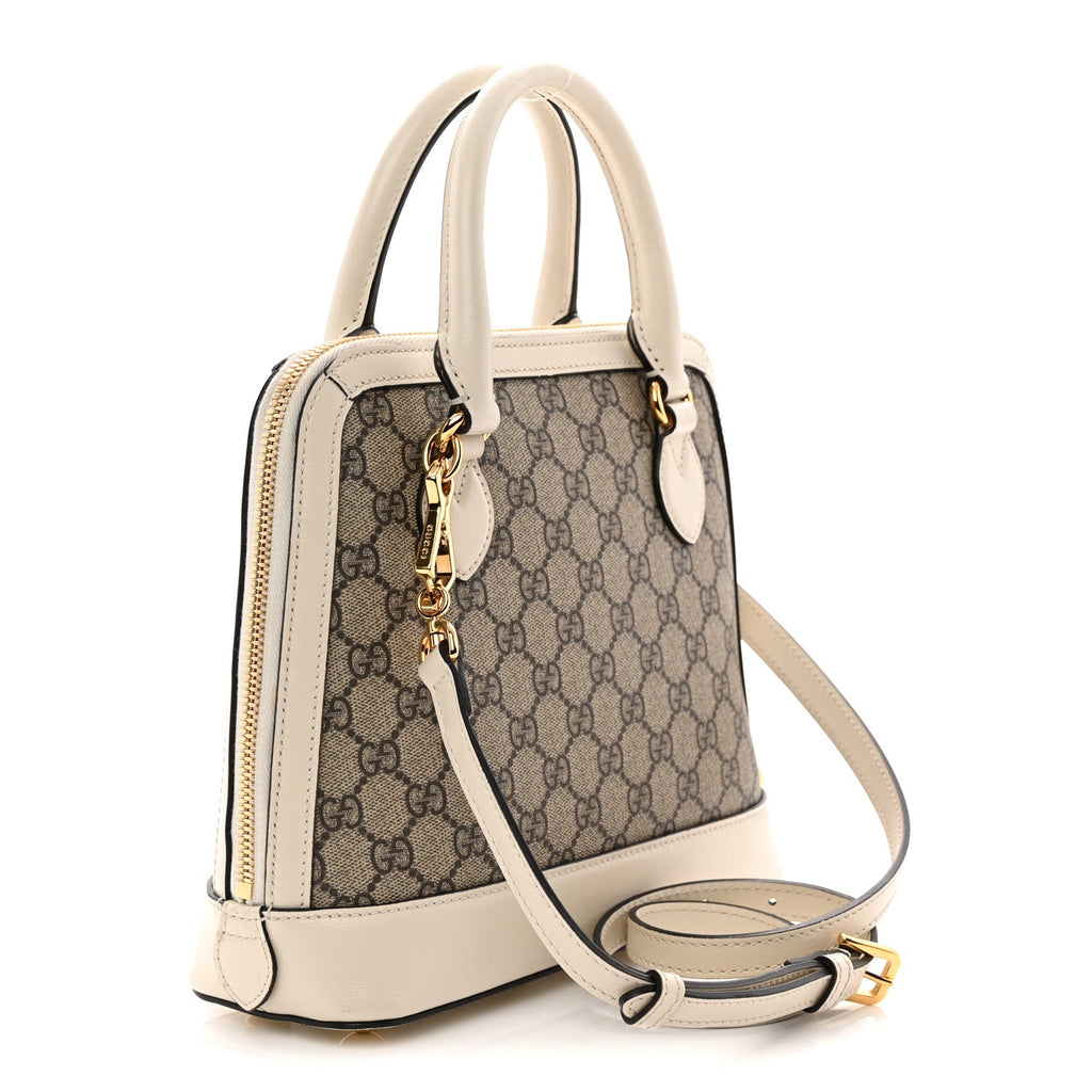 GG Supreme Monogram Azalea Calfskin Small Horsebit 1955 Top Handle Bag Beige Ebony Mystic White