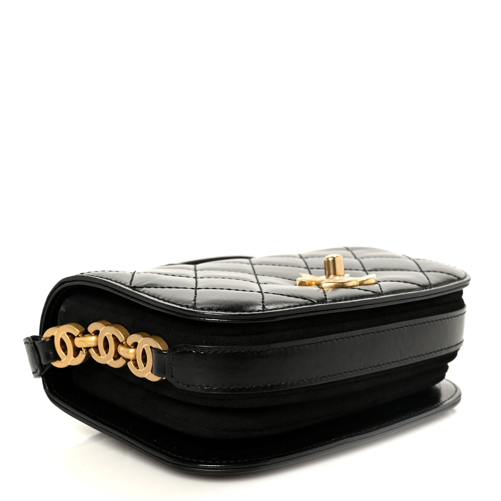 Shiny Calfskin Quilted Suede Goatskin Mini Messenger Black