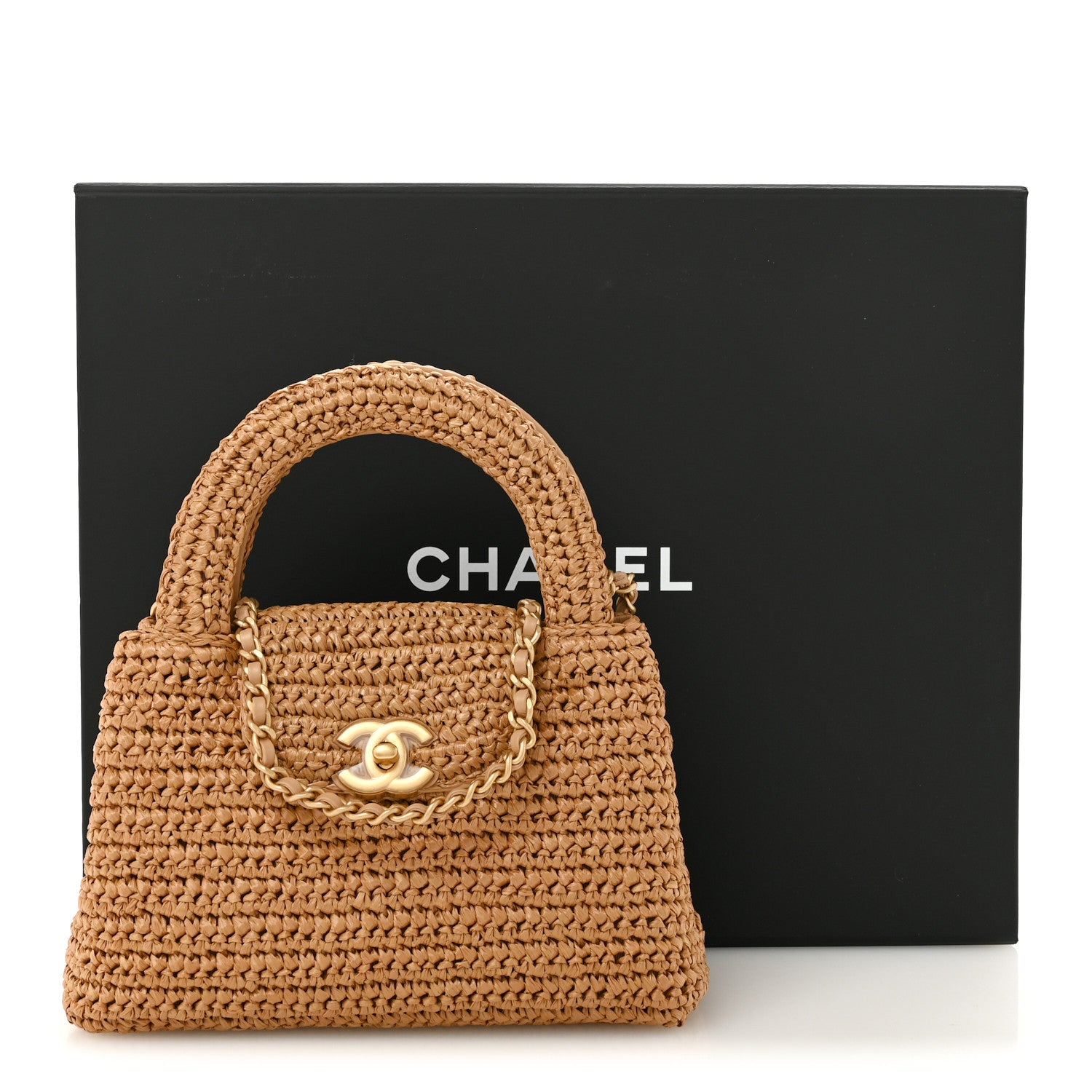 Braided Raffia Nano Kelly Flap Bag Dark Beige