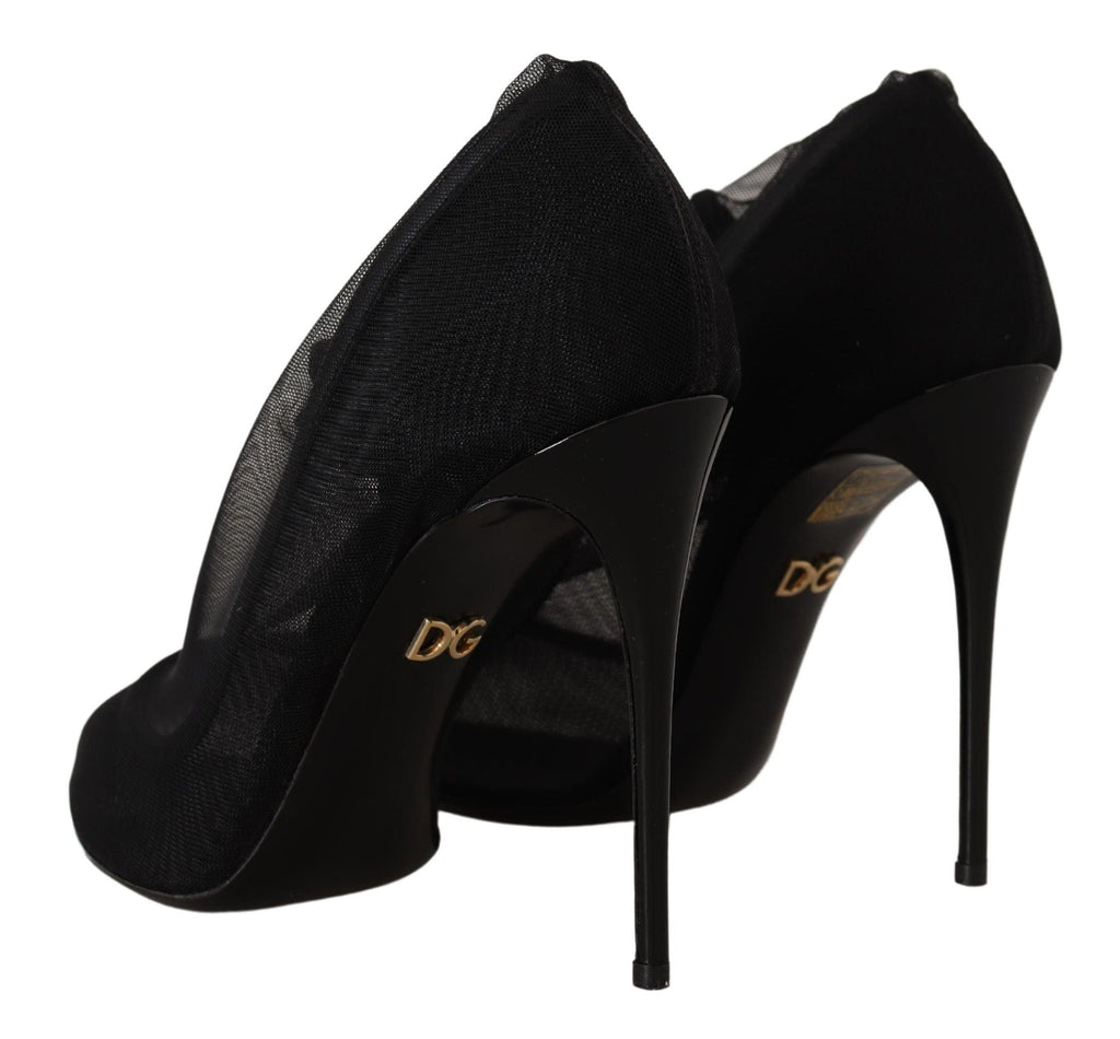 Dolce & Gabbana Black Tulle Stretch Boots Pumps Women's Shoes