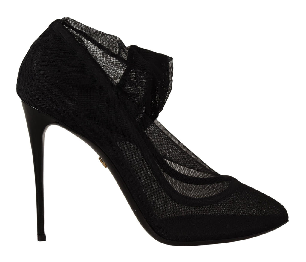Dolce & Gabbana Black Tulle Stretch Boots Pumps Women's Shoes