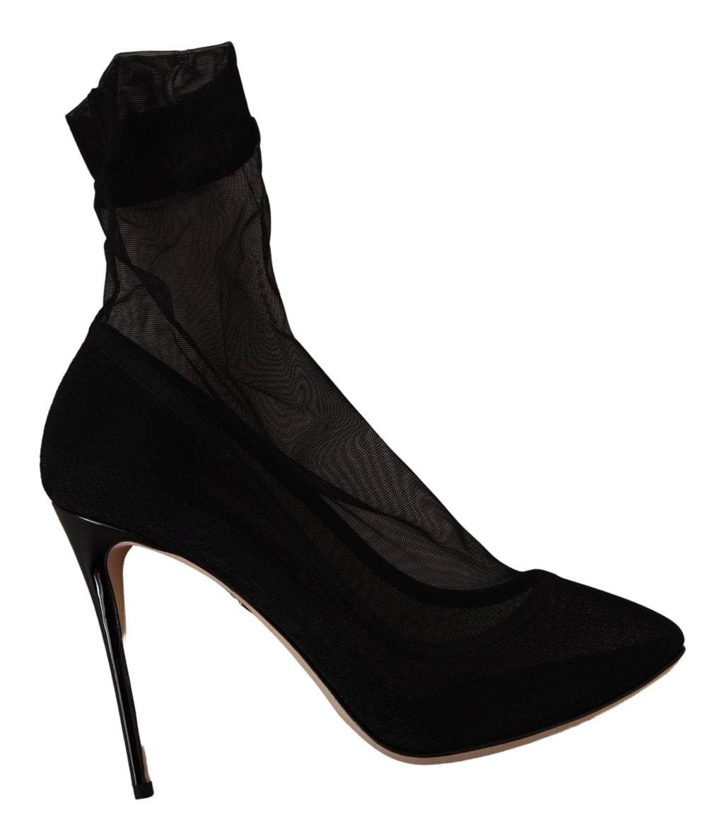Dolce & Gabbana Black Stretch Tulle Stretch Boots Women's Shoes