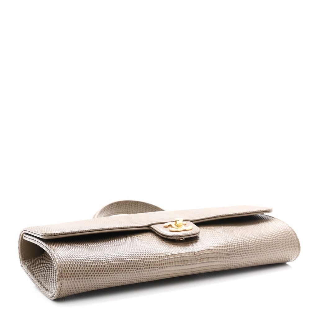 Calfskin Lizard Embossed Clutch With Chain Dark Khaki