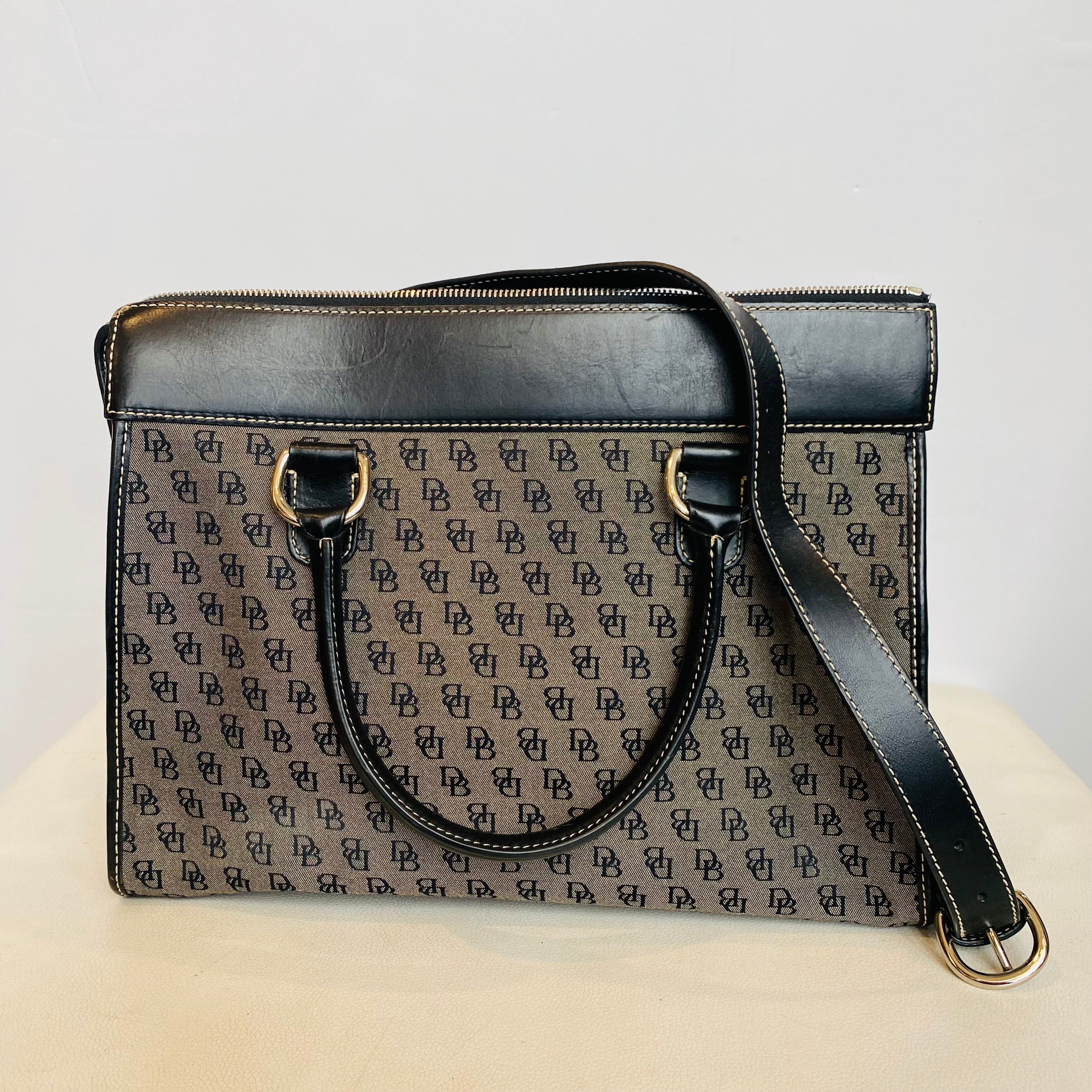 DOONEY & BOURKE Gray Canvas Black Leather Trim Signature Satchel Shoulder Bag Handbag