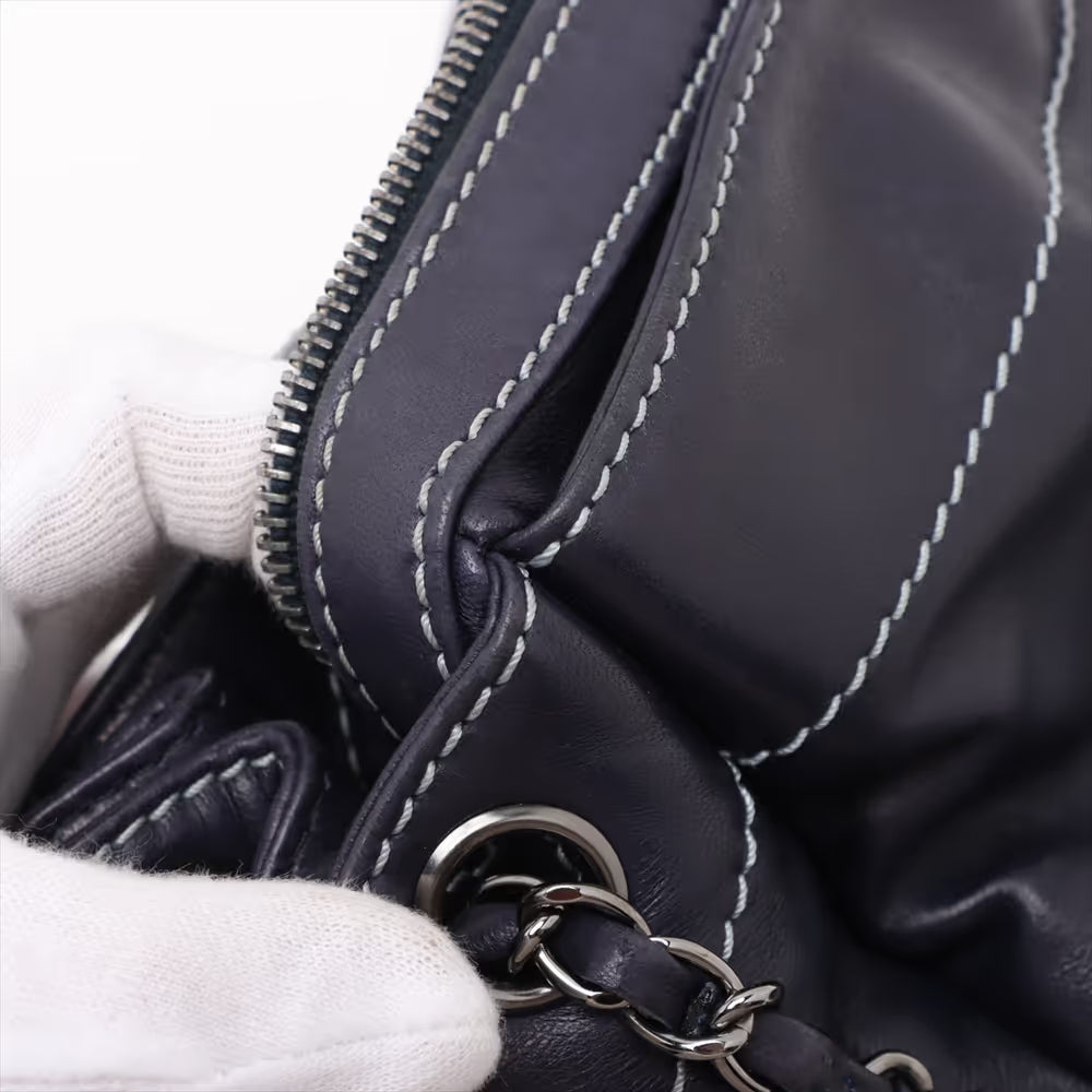 Chanel Logo Lambskin Chain Shoulder Bag Navy Blue