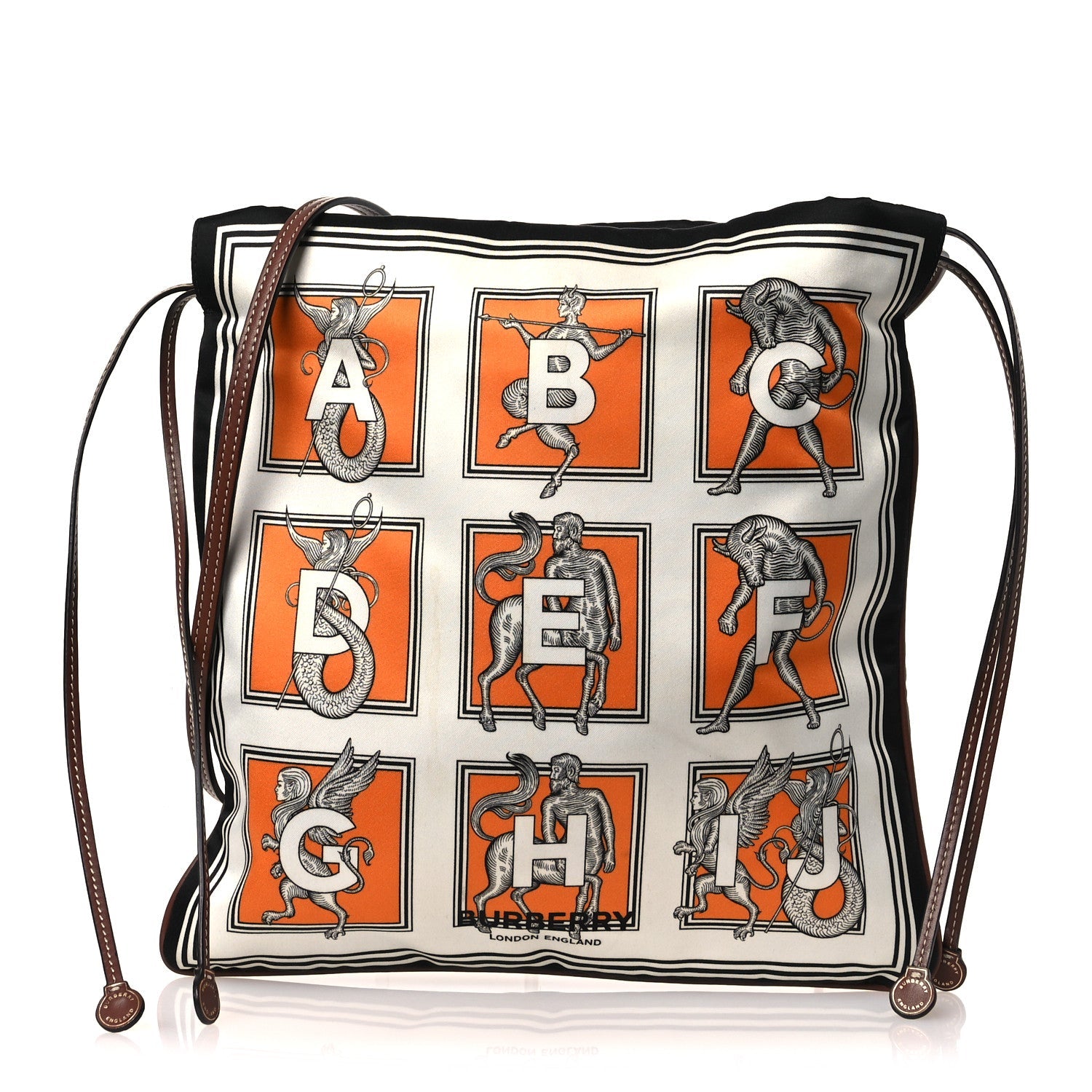 Satin Mythical Alphabet Drawstring Pouch Orange Black White
