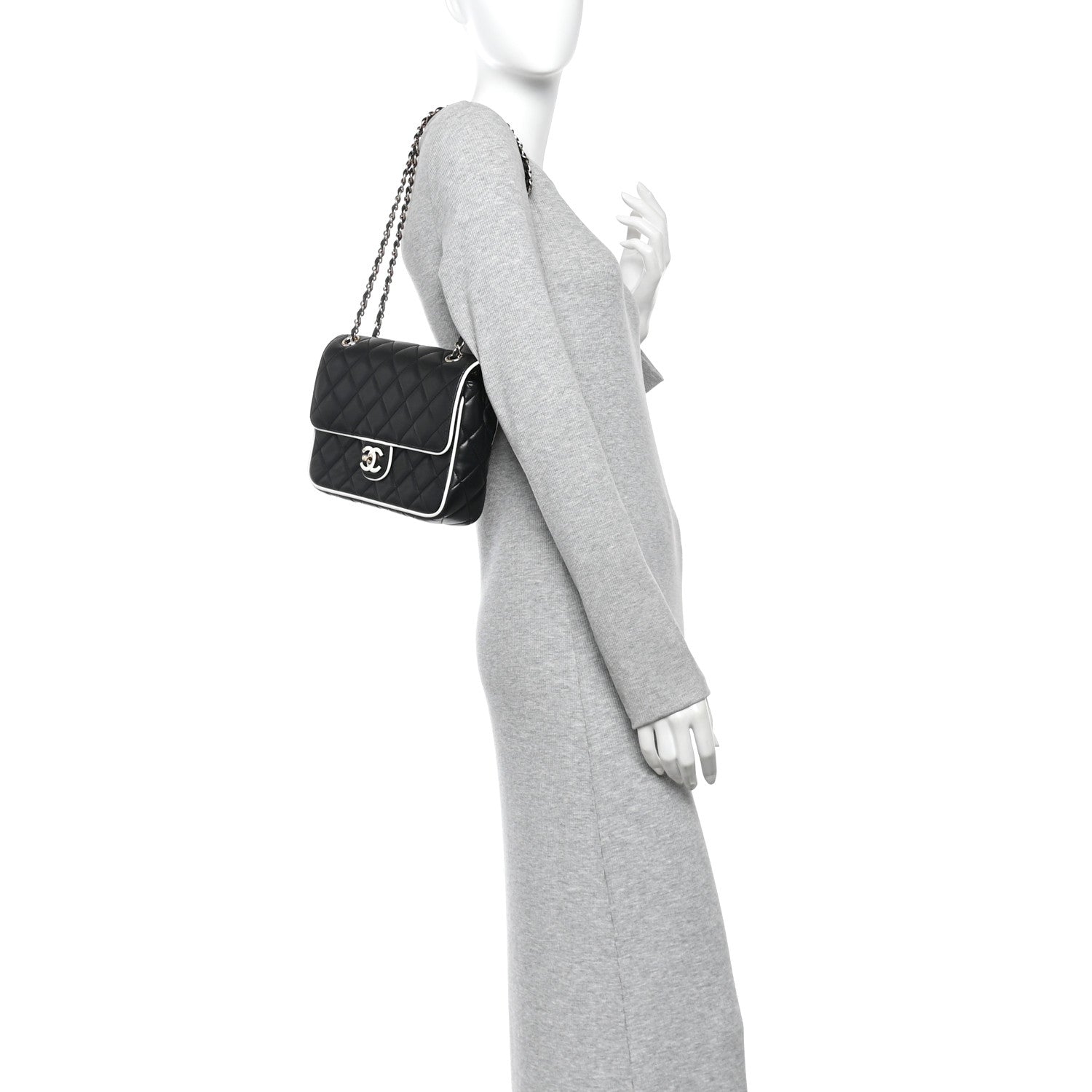Lambskin Quilted Resin Graphic Frame Flap Bag Black White