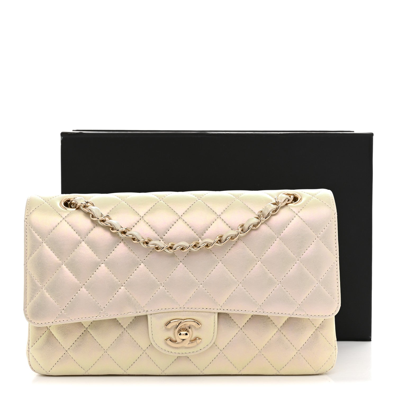 Iridescent Lambskin Quilted Medium Double Flap Ivory Ivory