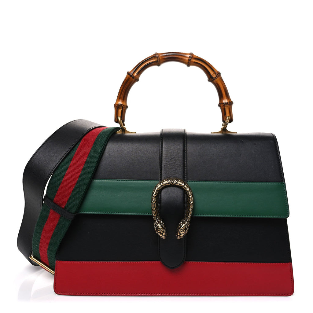 Calfskin Bamboo Web Large Dionysus Top Handle Bag Black Bright Evergreen Hibiscus Red