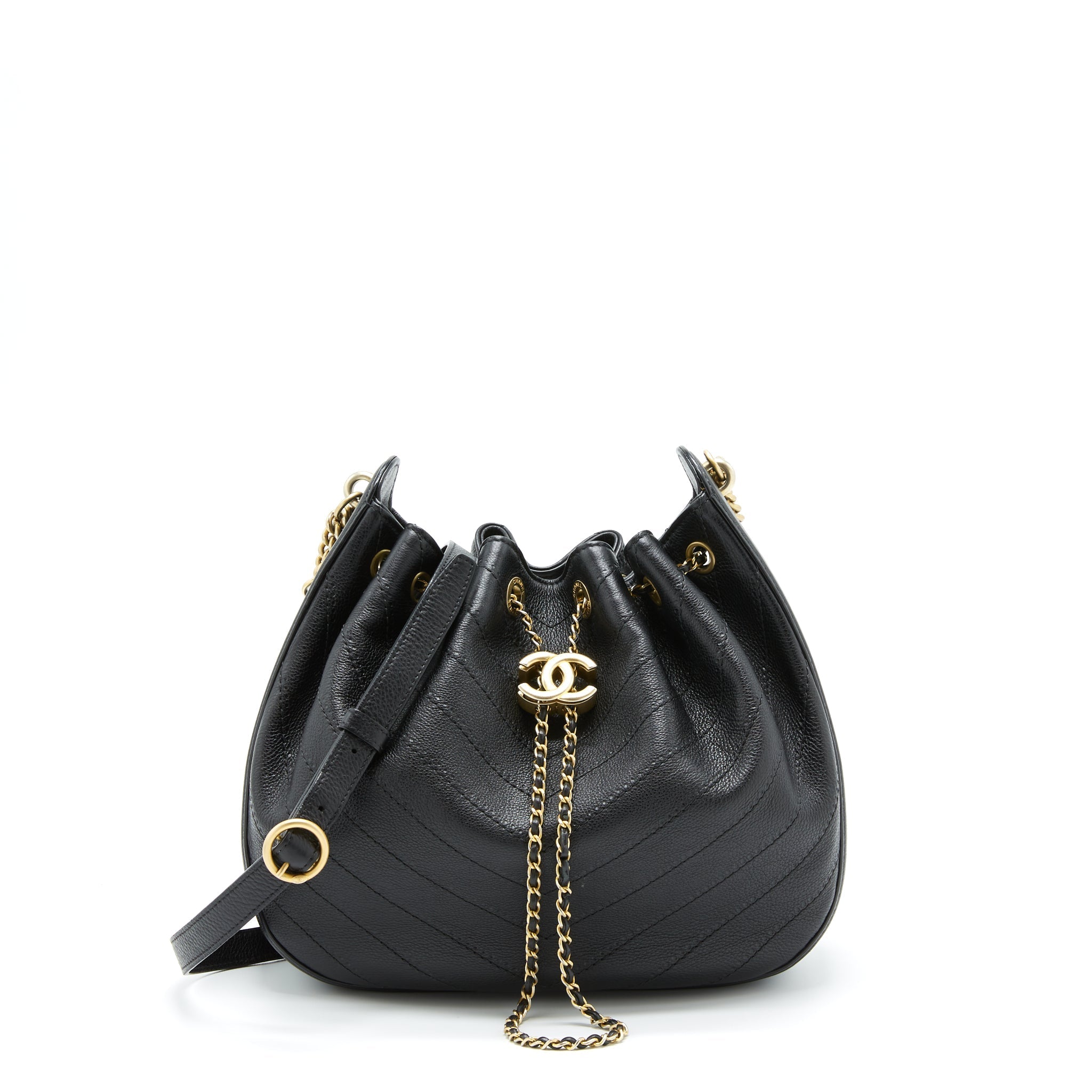 Chanel Chevron Bucket Bag Grained Calfskin Black