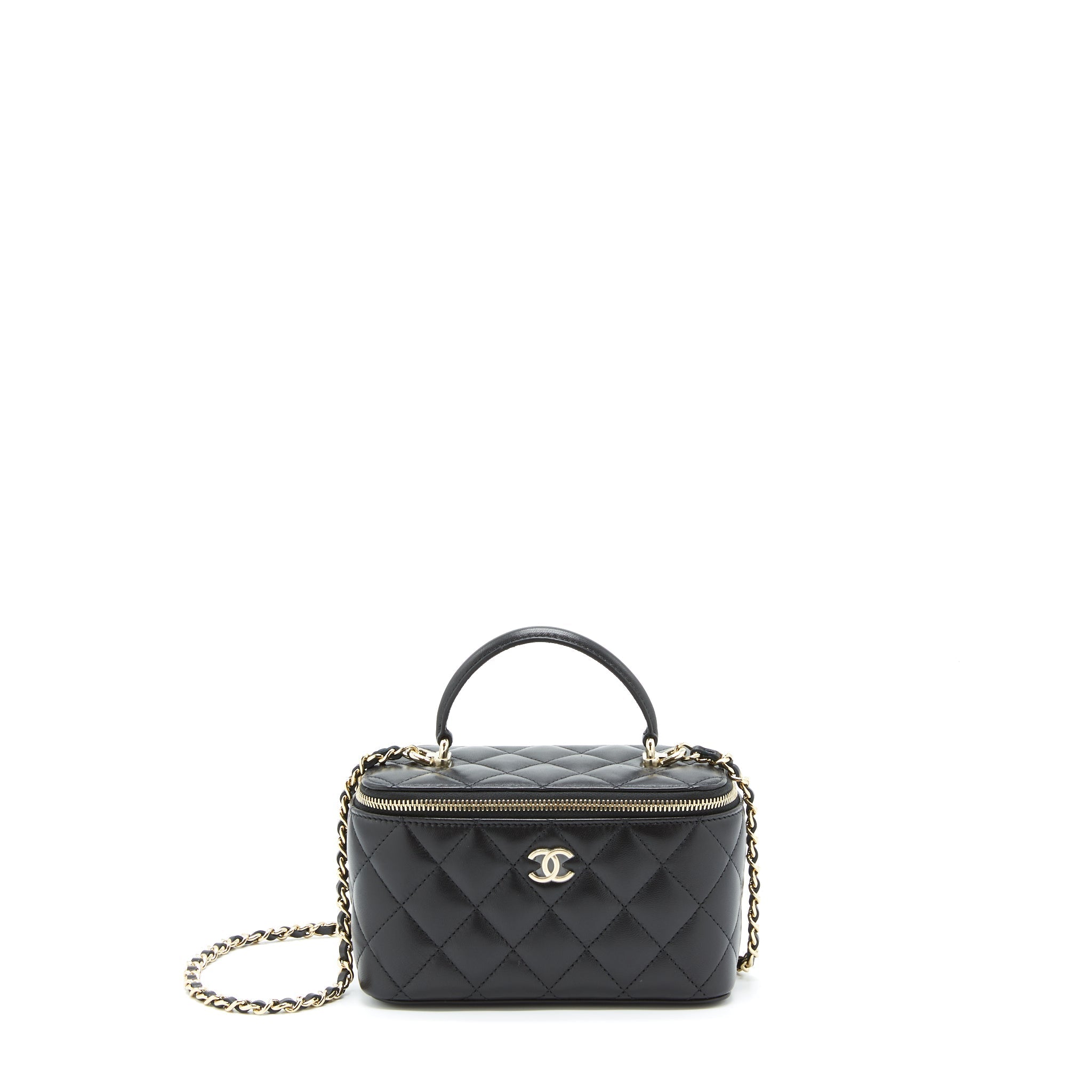 Chanel 22A Top Handle Long Vanity With Chain Lambskin Black L