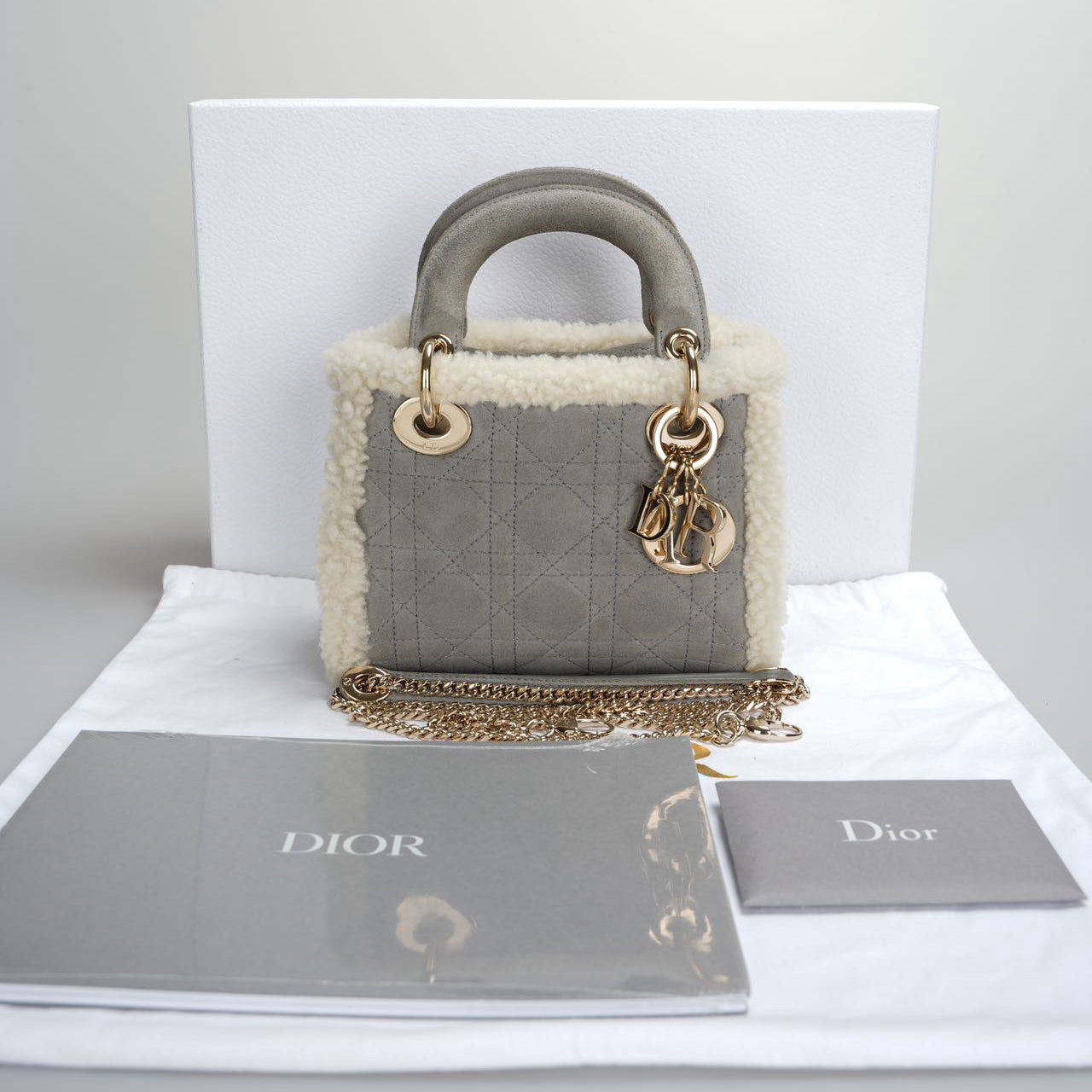 Christian Dior Lady Dior   2020 Mini Suede Shearling Cannage Lady Dior satchel