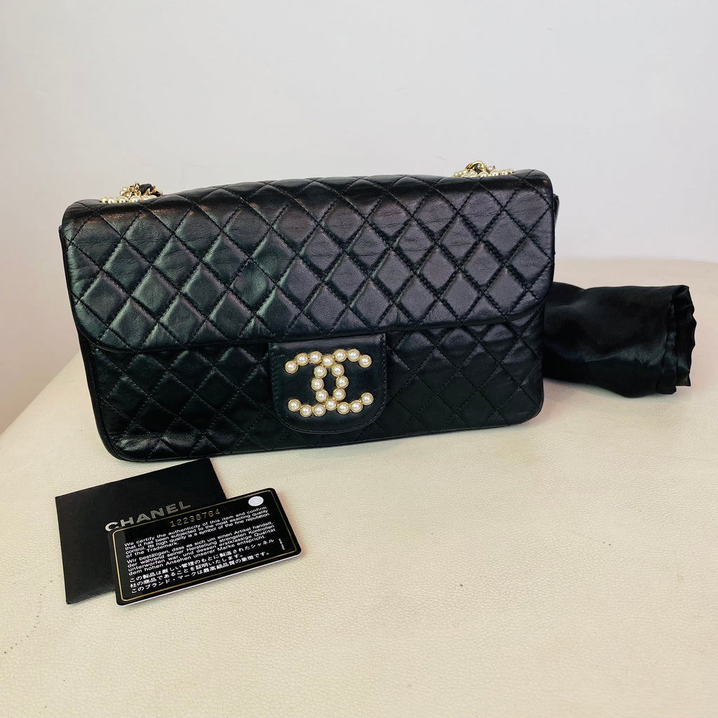 CHANEL Quilted Pearl CC Flap Shoulder Bag Black