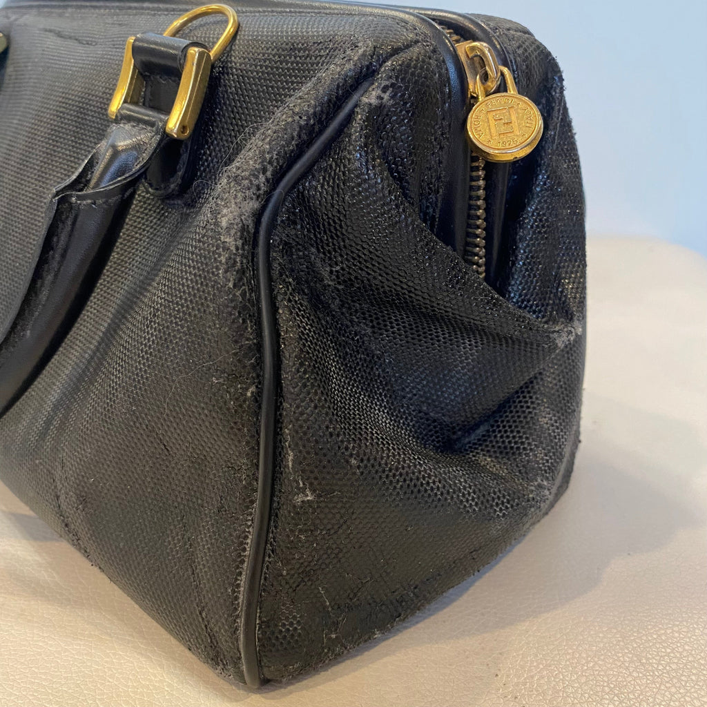 FENDI Vintage Black Striped Canvas Small Boston Handbag
