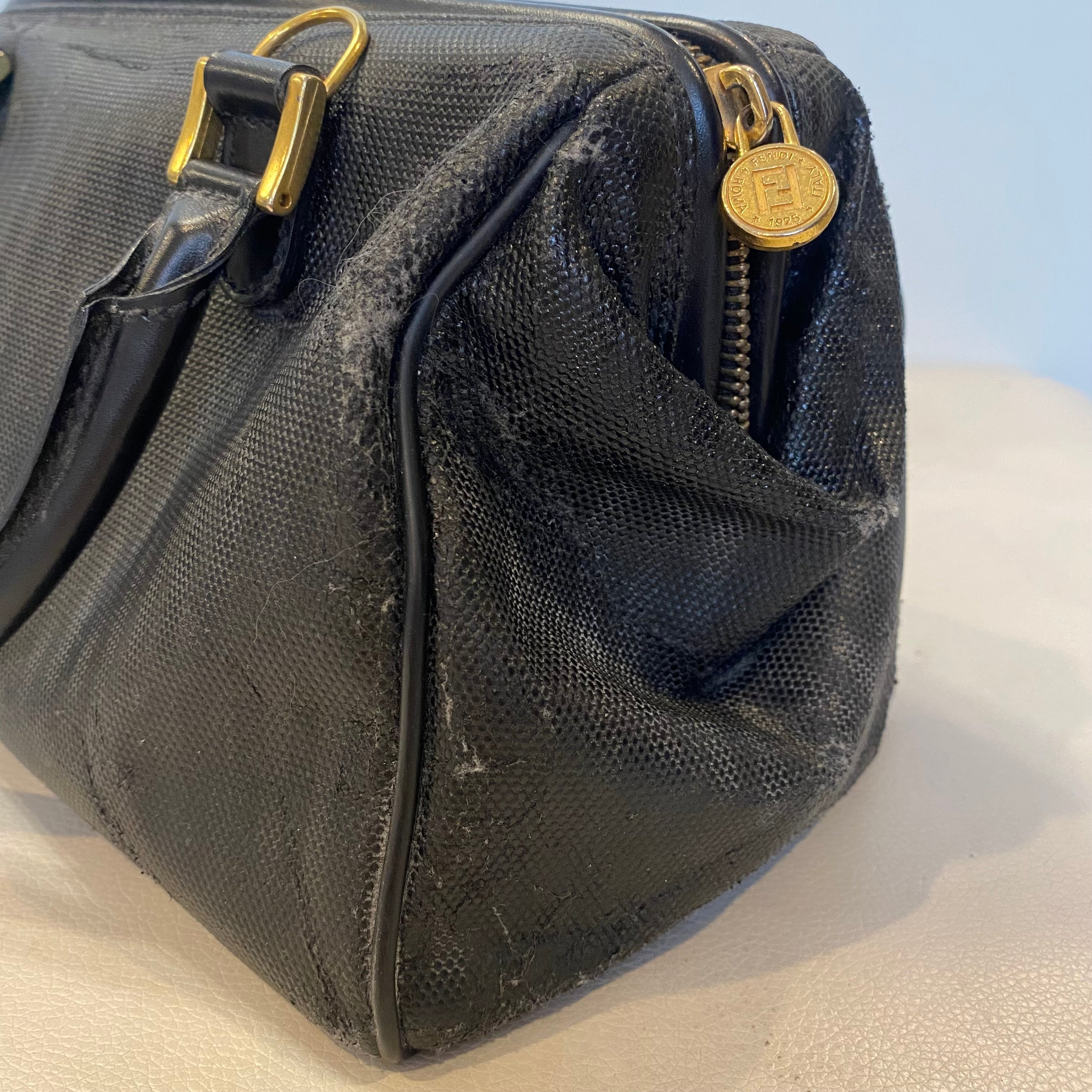 FENDI Vintage Black Striped Canvas Small Boston Handbag