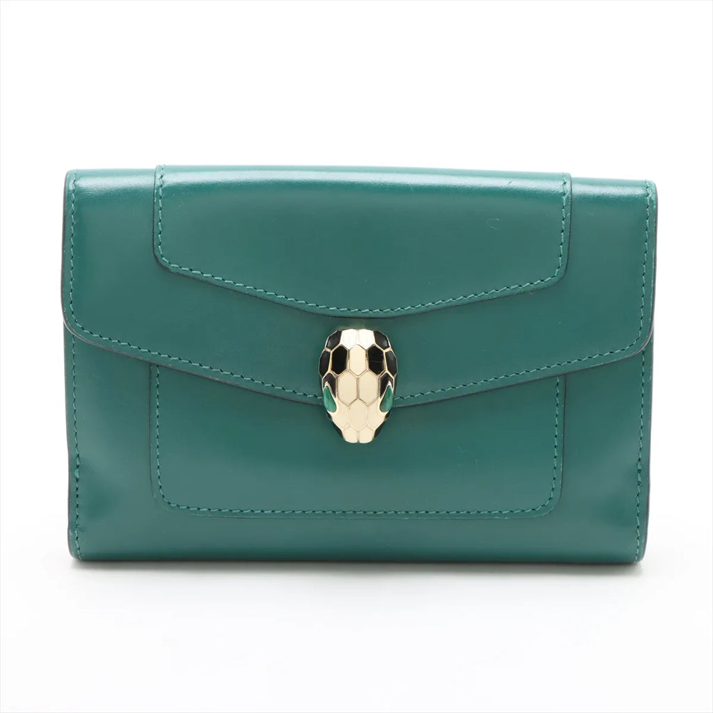 Bvlgari Serpenti Leather Compact Wallet Green x Purple