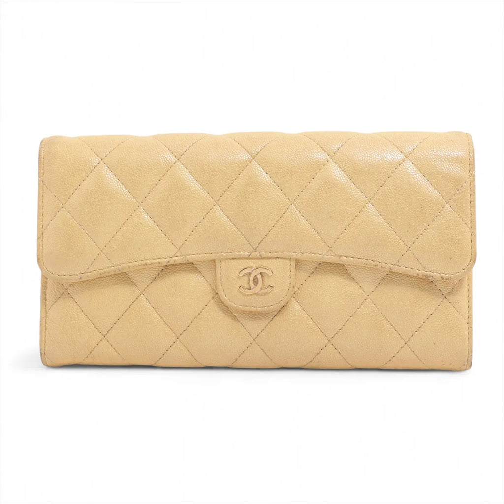 Chanel CC Logo Matelasse Caviar Skin Long Wallet Yellow